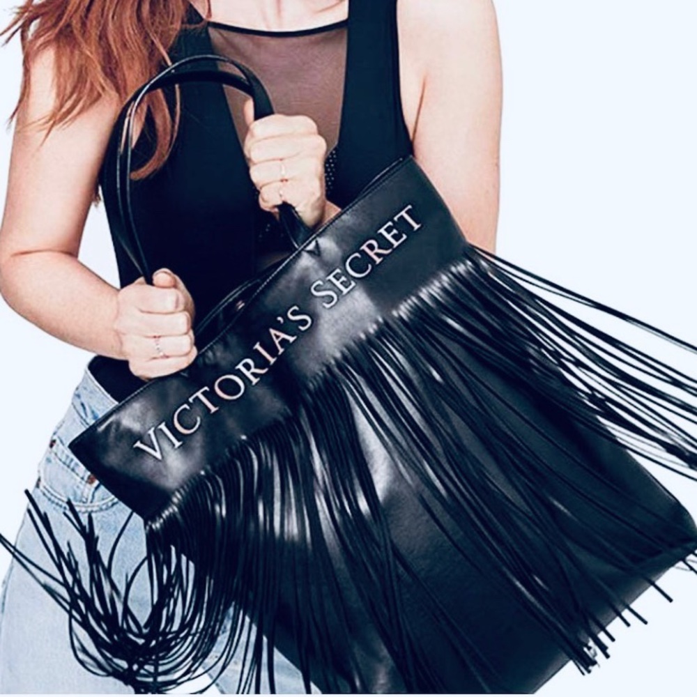 V.S. Faux Leather Fringe Tote Bag -Black